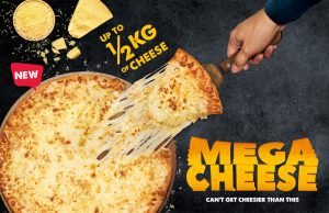 New Domino’s Mega Cheese Pizza has up to a half kilogram of 100% mozzarella cheese