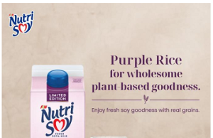 A glass of beautiful purple goodness with the all new limited-edition NUTRISOY Fresh Soya Milk with real Purple Rice