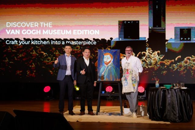 (From left) Steven Yang , Stan Fong and an artist present the Van Gogh Museum Edition, combining art with home appliances (1)